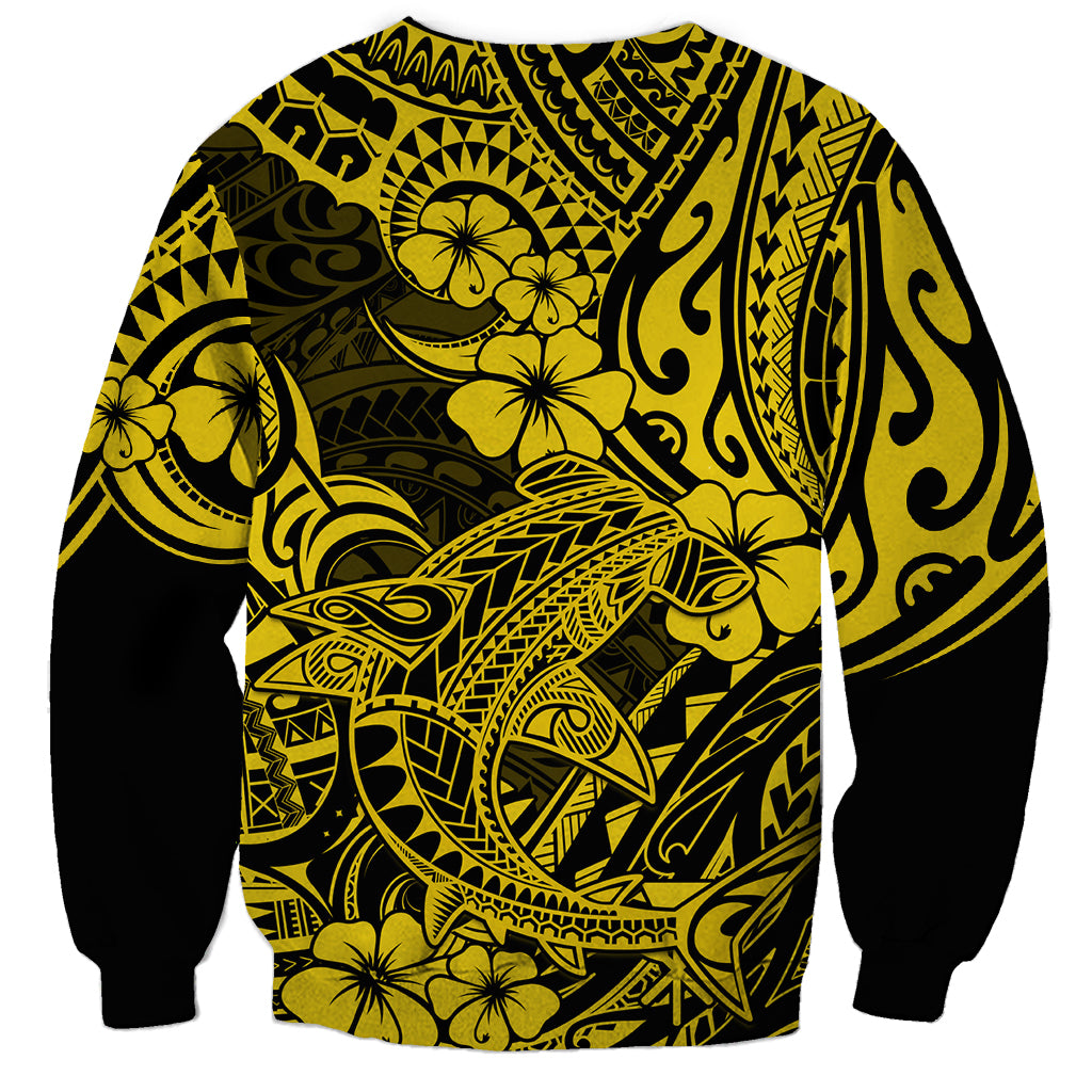 Yellow and black crewneck sweatshirt with large Polynesian shark and tiki pattern