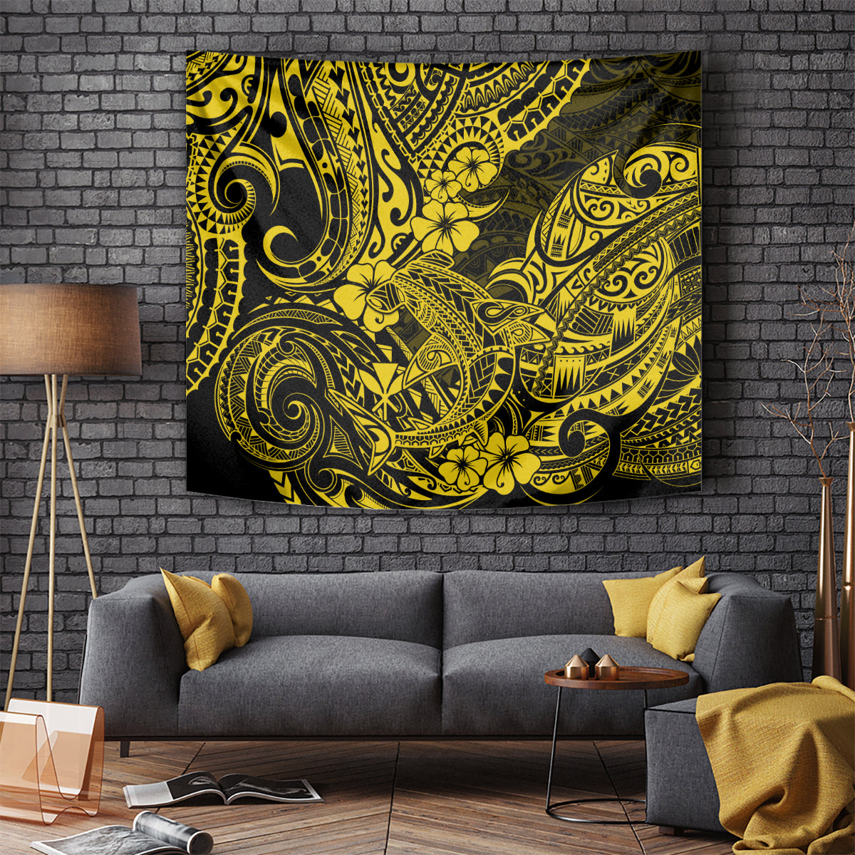Yellow Polynesian pattern tapestry with shark motif and swirling tribal linework