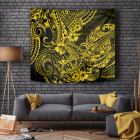 Yellow Polynesian pattern tapestry with shark motif and swirling tribal linework