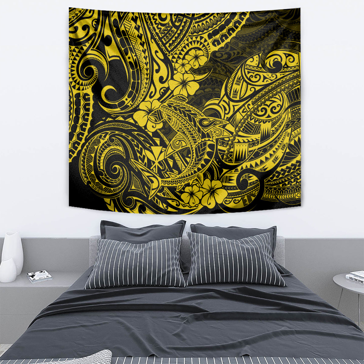 Yellow and dark Polynesian pattern tapestry hanging on wall
