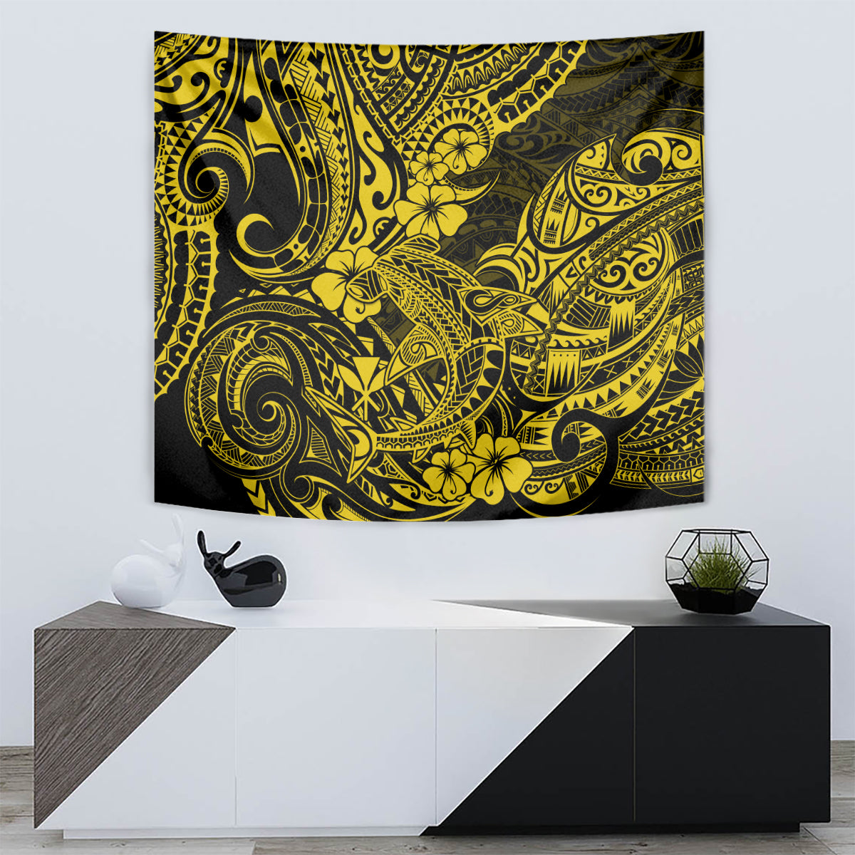 Yellow Polynesian shark tapestry on wall with swirling tribal designs