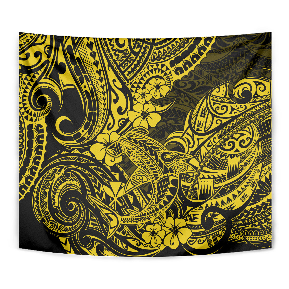 Close-up yellow and dark Polynesian tapestry with shark and floral symbols