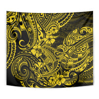 Close-up yellow and dark Polynesian tapestry with shark and floral symbols