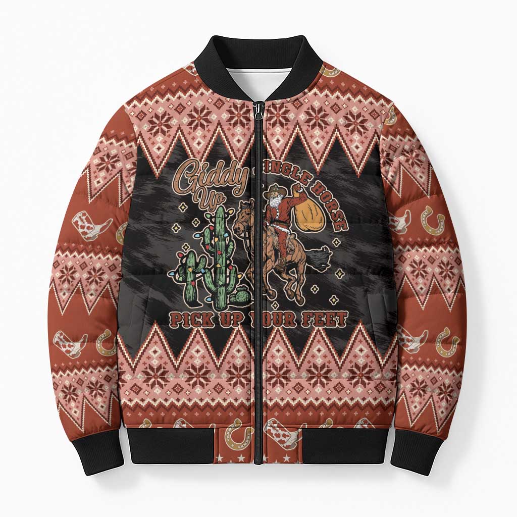 Howdy Christmas Cowboy Santa Bomber Puffer Jacket Giddy Up Jingle Horse Pick Up Your Feet - Wonder Print Shop