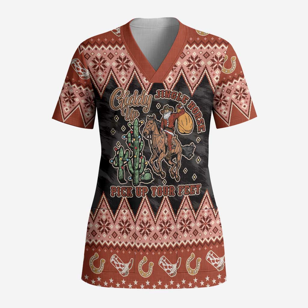 Howdy Christmas Cowboy Santa Scrub Top Giddy Up Jingle Horse Pick Up Your Feet - Wonder Print Shop
