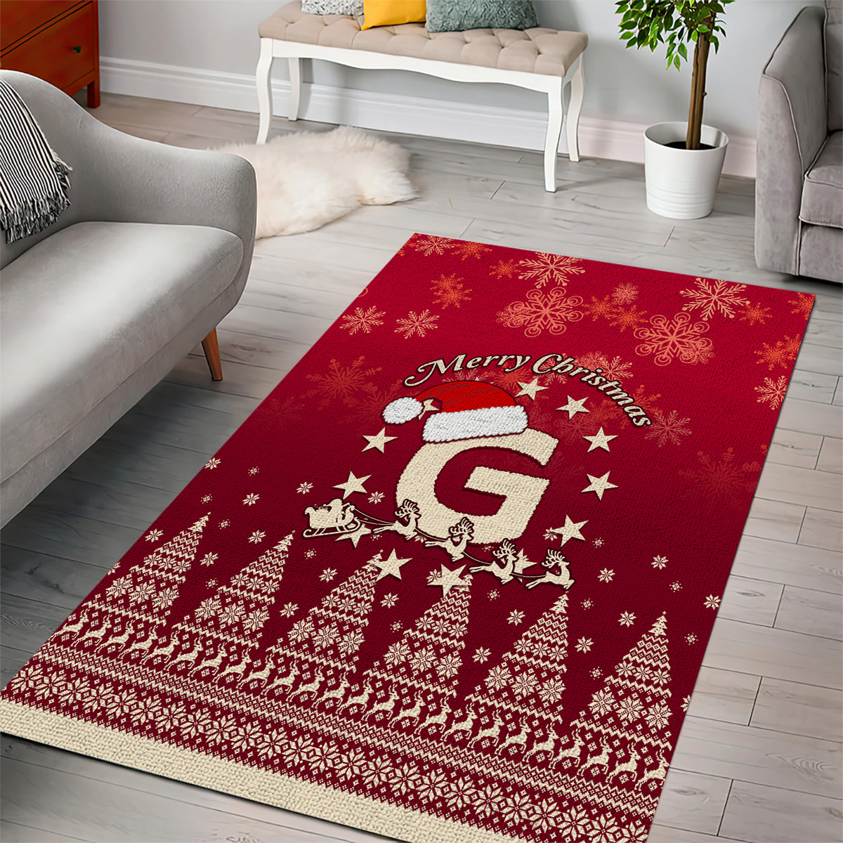 Red Christmas area rug with Santa riding reindeer, stars and 'Merry Christmas' text