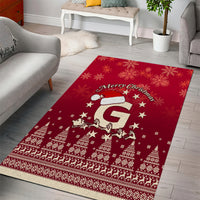 Red Christmas area rug with Santa riding reindeer, stars and 'Merry Christmas' text
