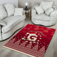 Red Christmas area rug with Santa riding reindeer under 'Merry Christmas' text