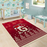 Red Christmas area rug with Santa riding reindeer design and snowy pattern border