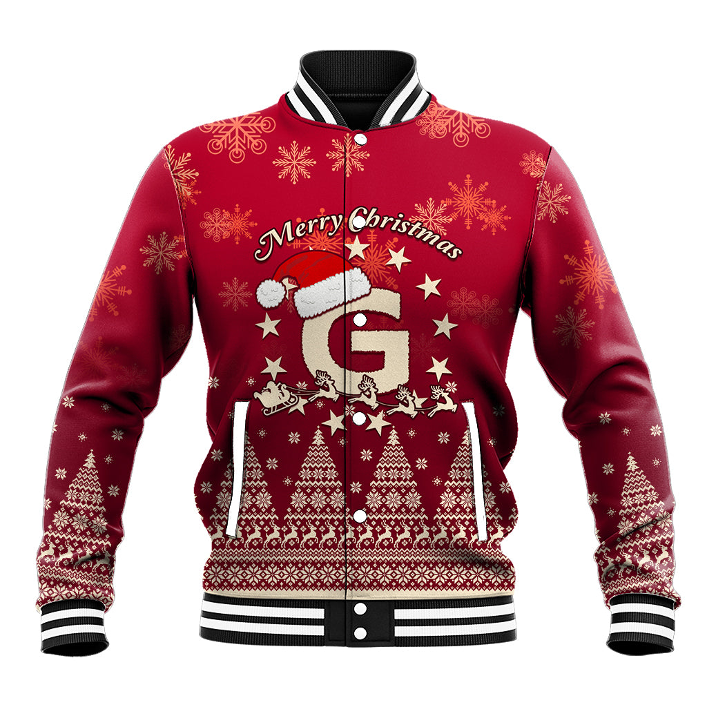 Red baseball jacket with Santa and reindeer graphic, striped collar and ribbed hem