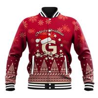 Red baseball jacket with Santa and reindeer graphic, striped collar and ribbed hem
