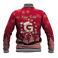 Red baseball jacket, back print with Your Text and large Santa graphic, striped ribbed cuffs