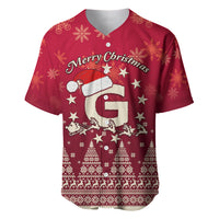 Red Christmas baseball jersey, Santa and reindeer graphic, 'Merry Christmas' front