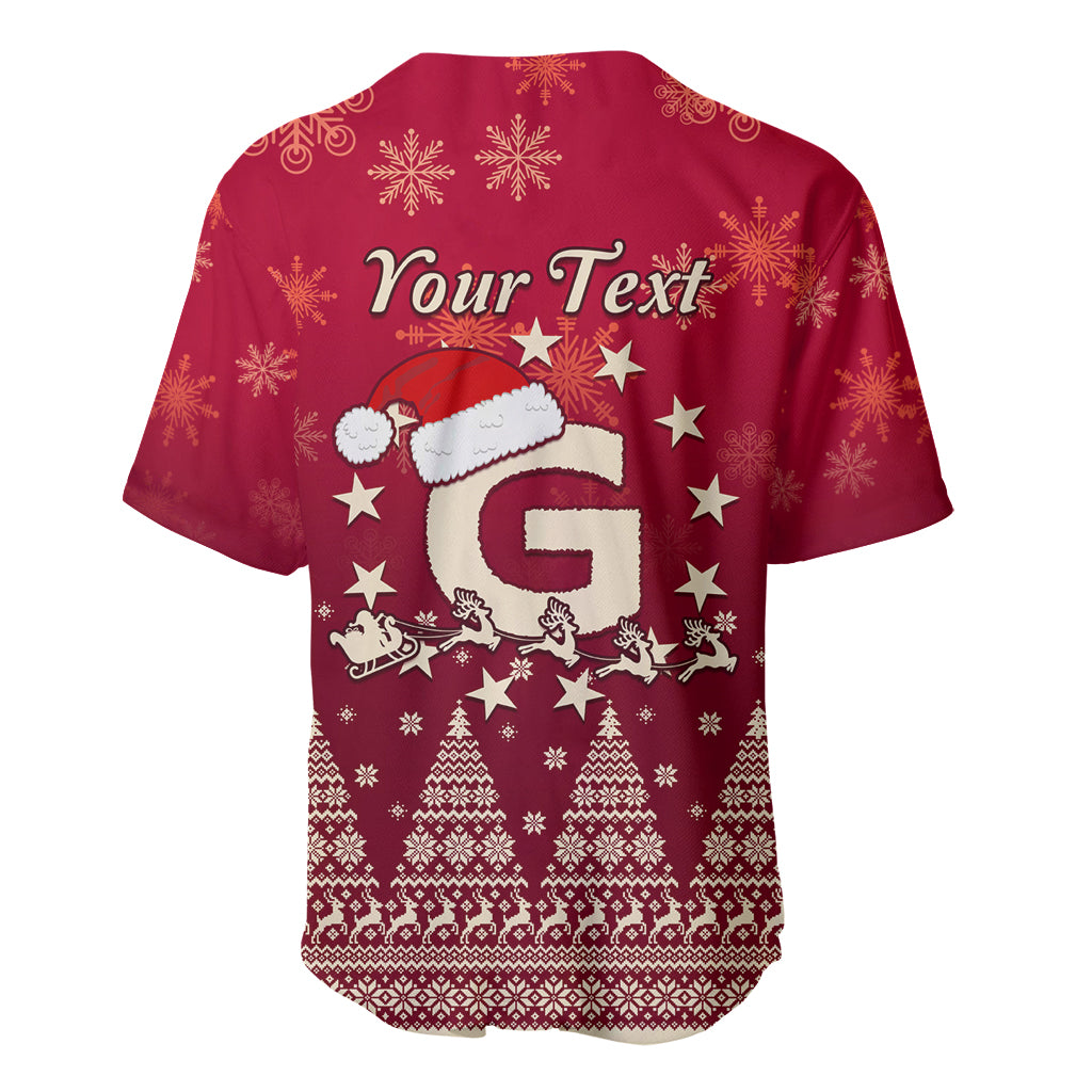 Red Christmas baseball jersey back with 'Your Text' and large letter G pattern