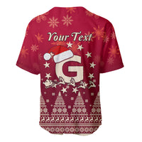 Red Christmas baseball jersey back with 'Your Text' and large letter G pattern