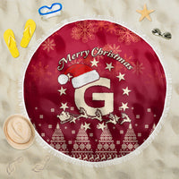 Round red Christmas beach blanket with white fringe, “Merry Christmas” and Santa sleigh artwork