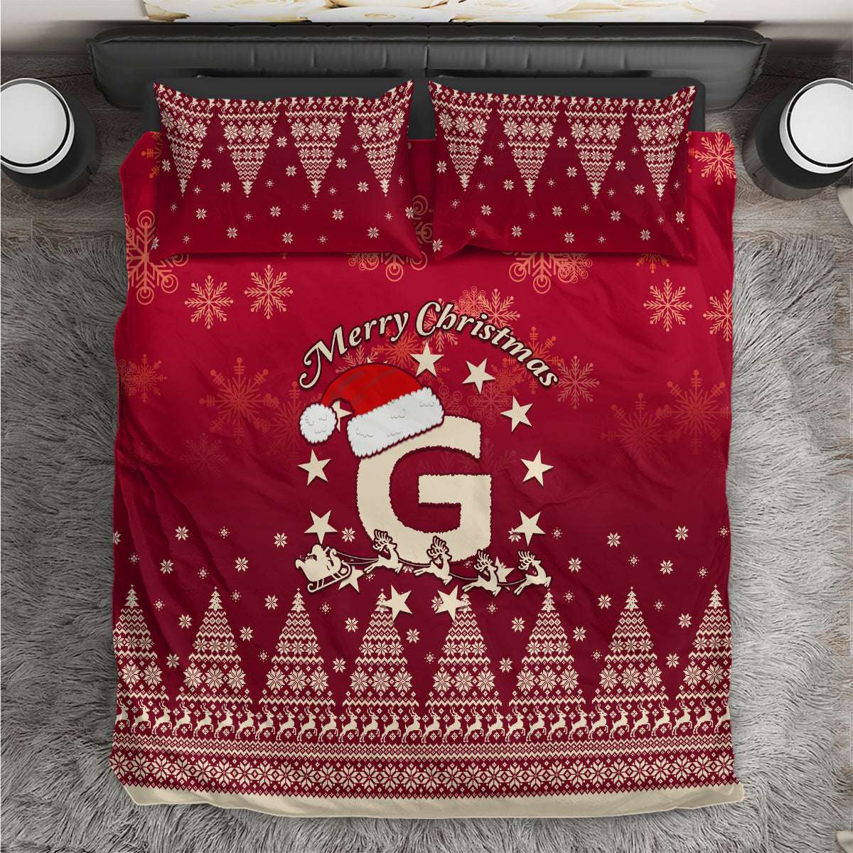 Red Christmas duvet and two pillowcases with Santa, stars, and festive tree border