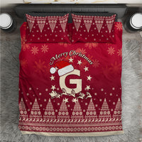 Red Christmas duvet and two pillowcases with Santa, stars, and festive tree border