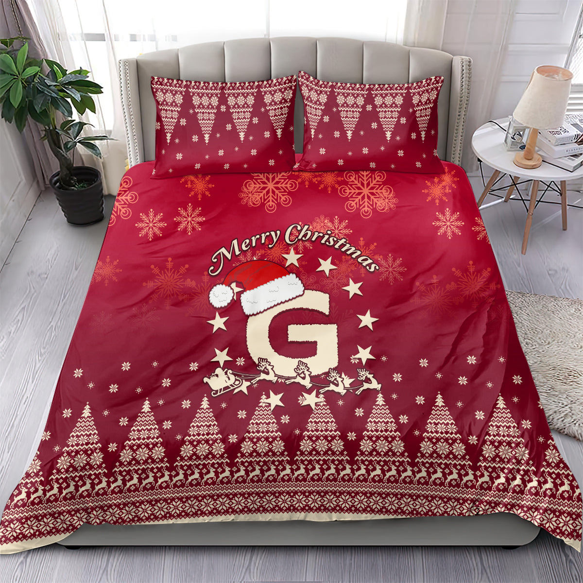 Red Christmas bedding set on bed: Santa riding reindeer, stars, and tree-pattern border