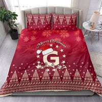 Red Christmas bedding set on bed: Santa riding reindeer, stars, and tree-pattern border