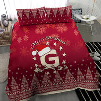 Red Christmas duvet with Merry Christmas text, Santa icon, snowflakes, and stars