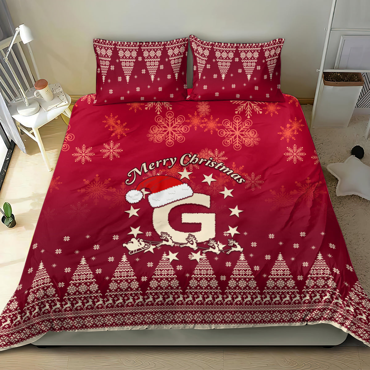 Red Christmas bedding set with Santa and stars; ornate snowflake motifs and tree border
