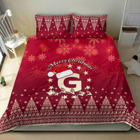 Red Christmas bedding set with Santa and stars; ornate snowflake motifs and tree border