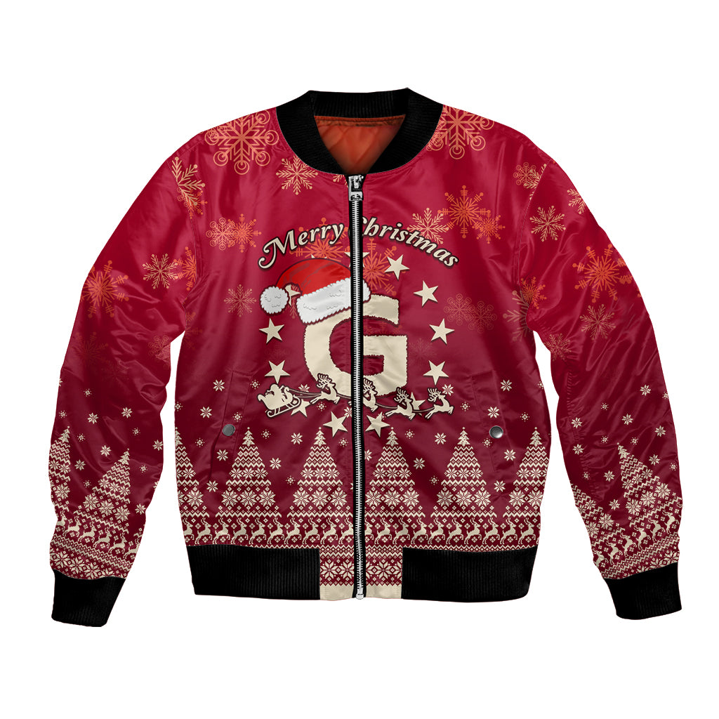 Red Christmas bomber jacket with full-zip front and Santa riding reindeer graphic