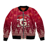 Red Christmas bomber jacket with full-zip front and Santa riding reindeer graphic