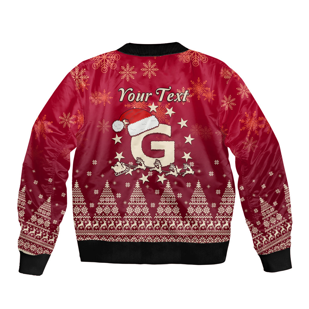 Red Christmas bomber jacket back with Santa hat graphic, stars, snowflakes, ribbed trim