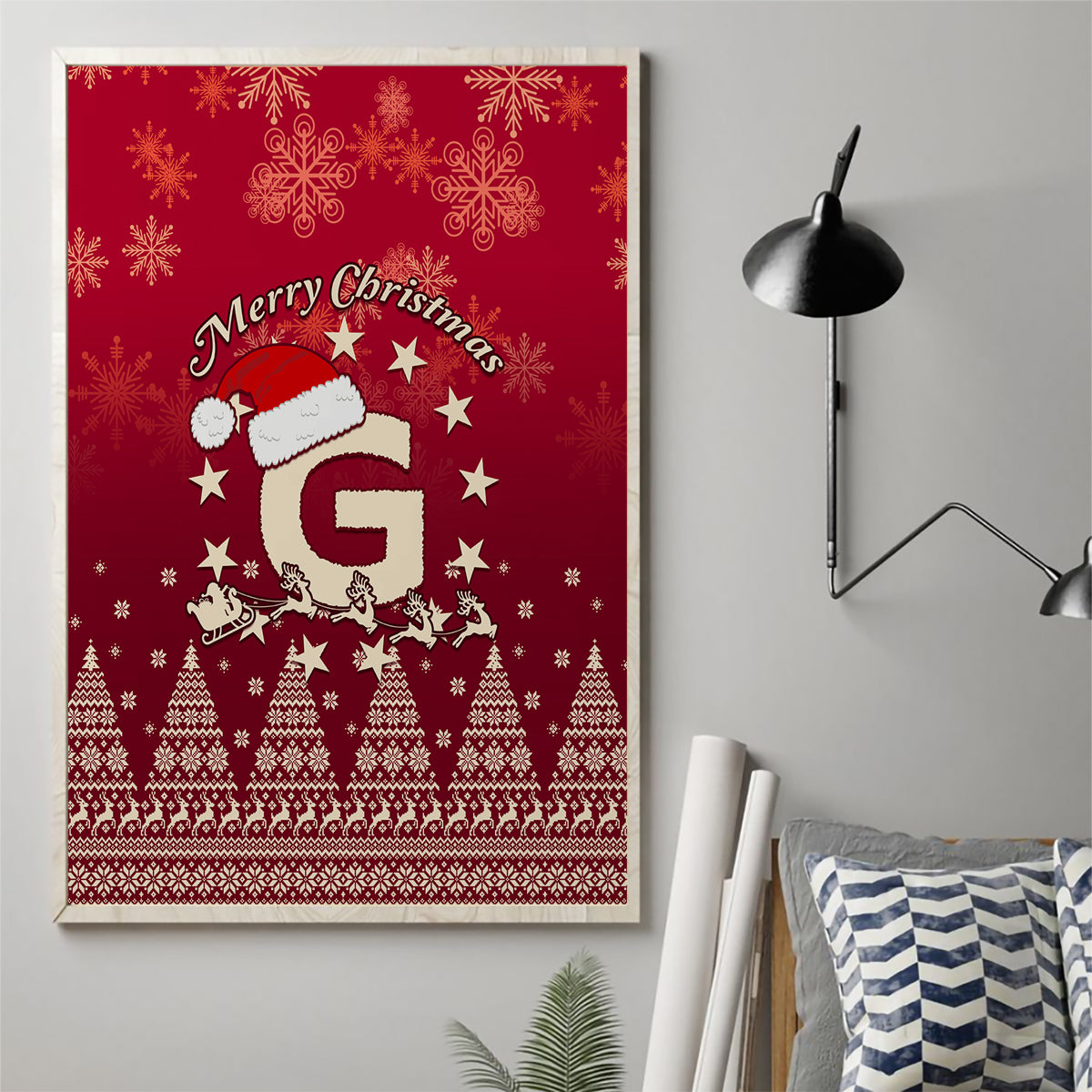 Red Christmas canvas wall art with Santa, big G, stars and snowflakes, "Merry Christmas"