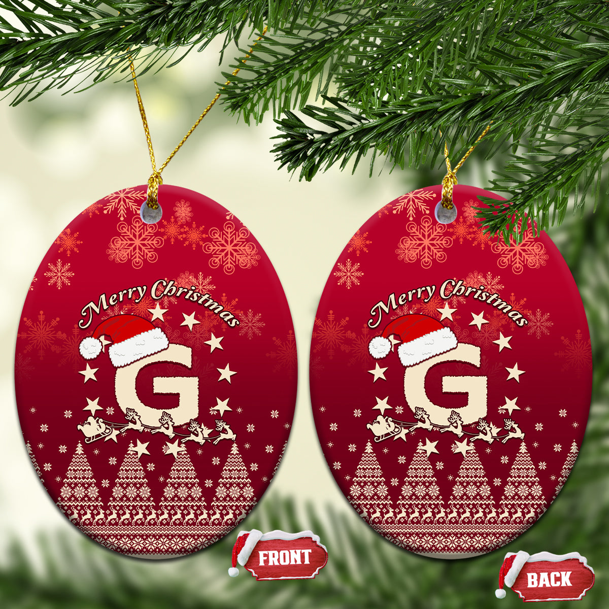 Red ceramic Christmas ornaments, oval discs, Santa riding reindeer and letter G with “Merry Christmas”