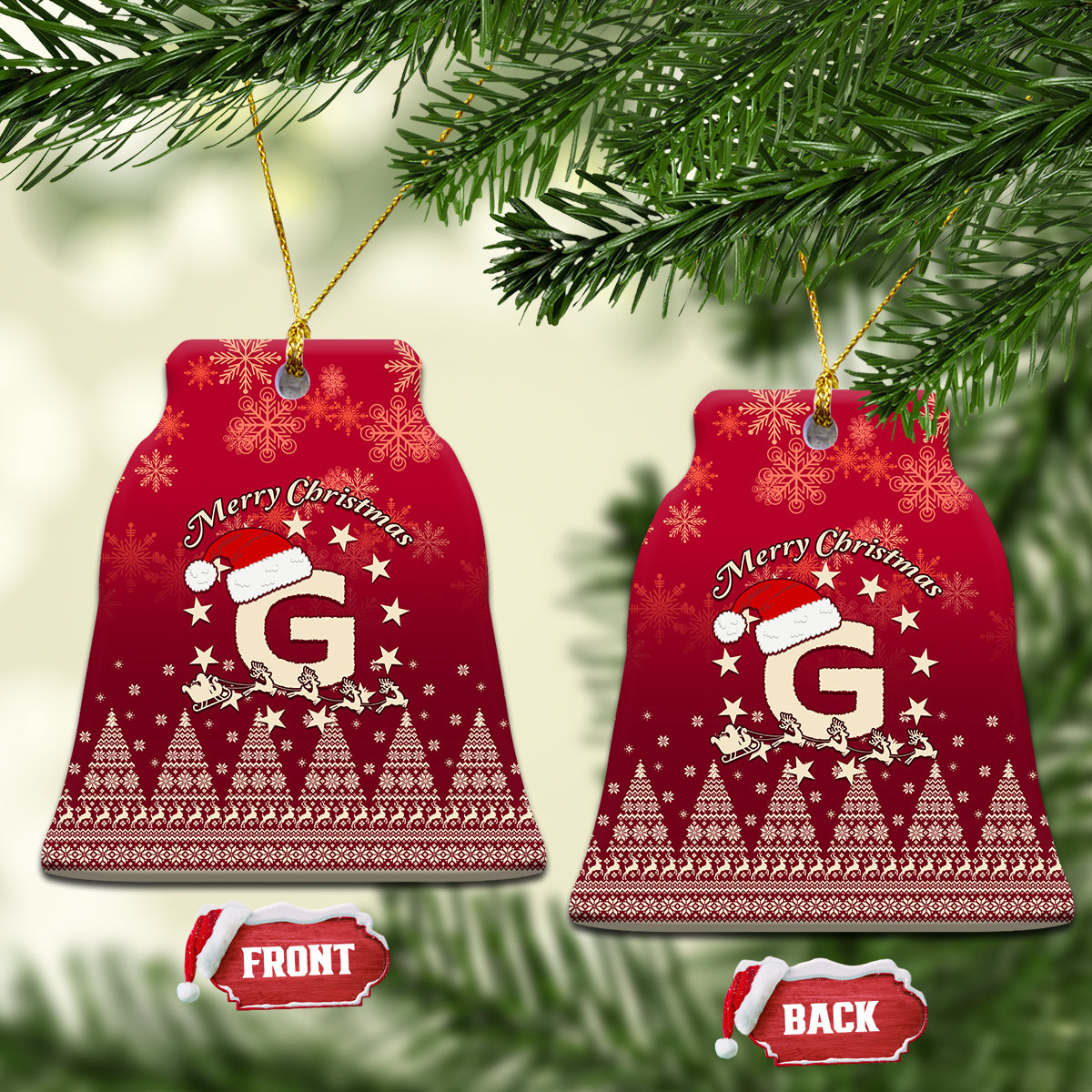 Red ceramic Christmas ornaments, bell-shaped, Santa riding reindeer and letter G with “Merry Christmas”