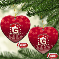 Red ceramic Christmas ornaments, heart-shaped, Santa riding reindeer and letter G, “Merry Christmas”