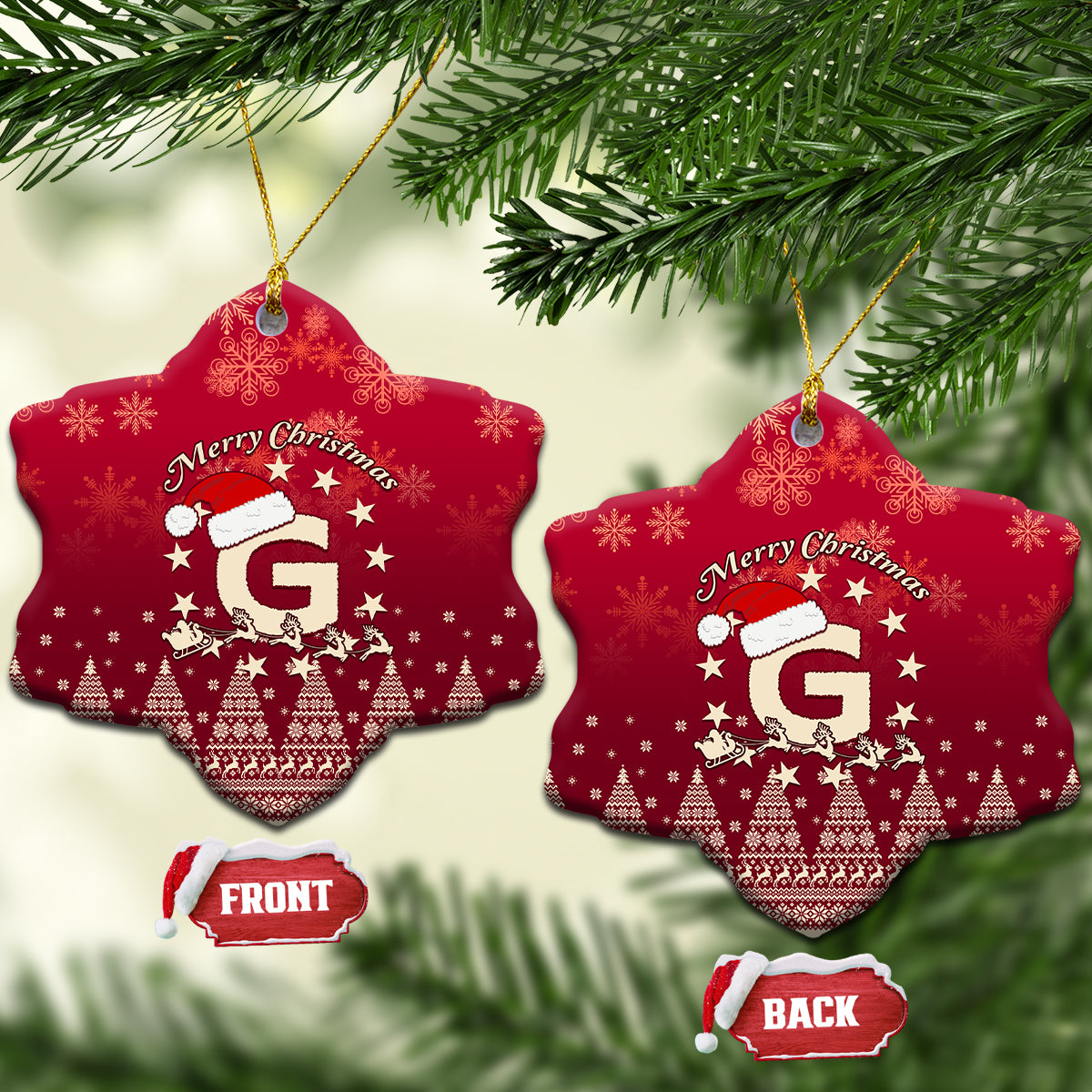 Red ceramic Christmas ornaments, star-shaped, Santa riding reindeer and letter G with “Merry Christmas”