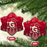 Red ceramic Christmas ornaments, star-shaped, Santa riding reindeer and letter G with “Merry Christmas”