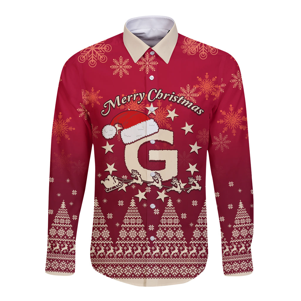 Red long-sleeve button Christmas shirt with Merry Christmas, Santa riding reindeer