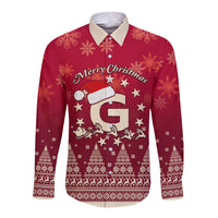 Red long-sleeve button Christmas shirt with Merry Christmas, Santa riding reindeer