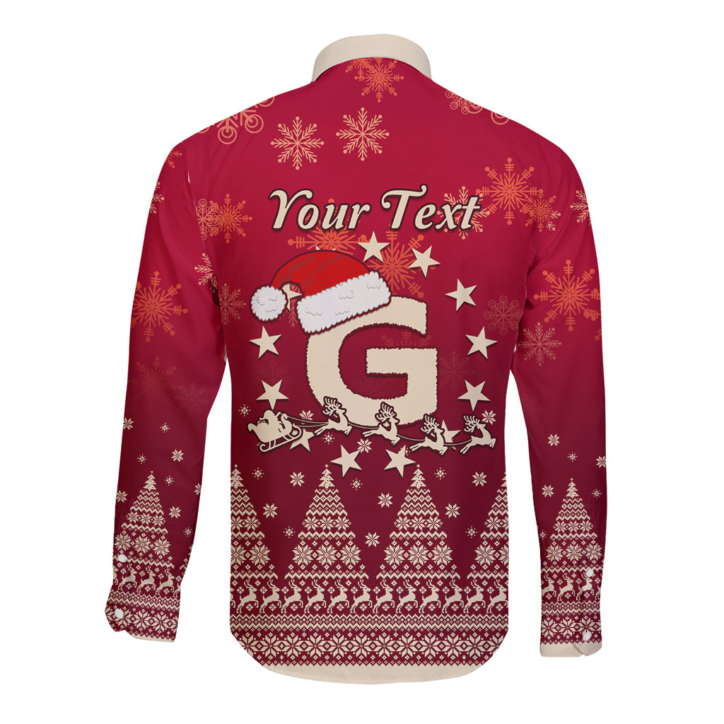 Red long-sleeve button Christmas shirt back with Your Text, Santa riding reindeer