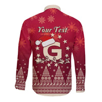 Red long-sleeve button Christmas shirt back with Your Text, Santa riding reindeer