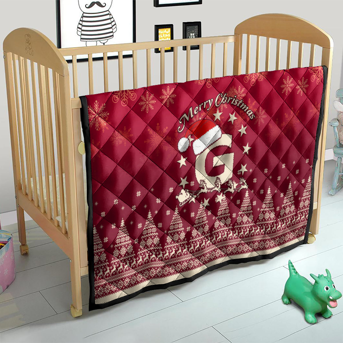 Red quilt blanket for baby bed with “Merry Christmas” and Santa riding reindeer design