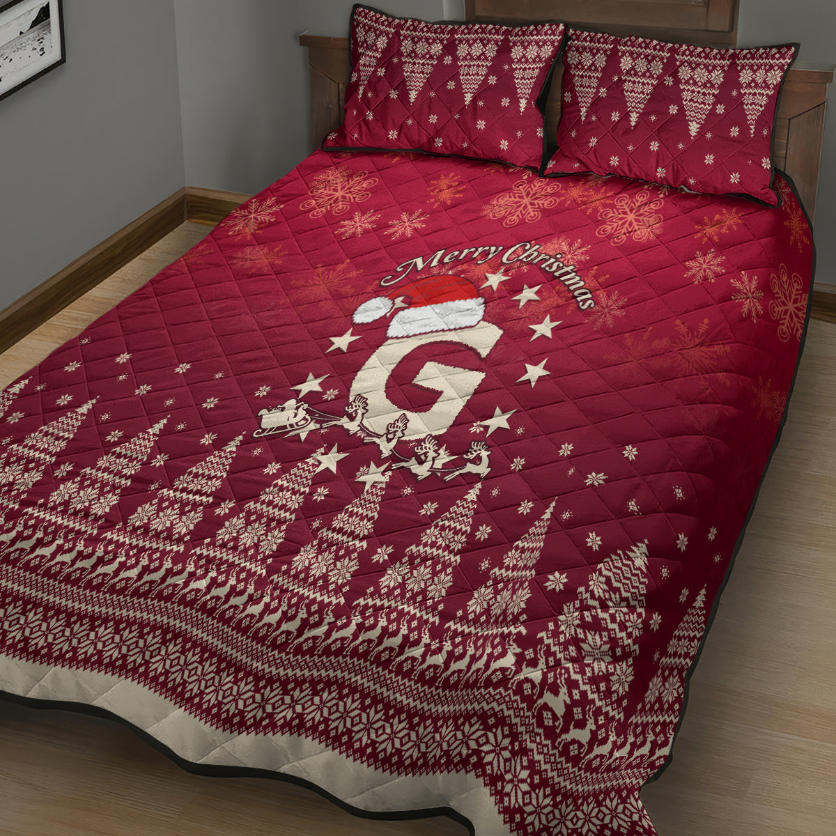Red quilt bed set on bed with Merry Christmas text and Santa in stars; includes 2 pillowcases