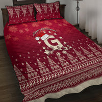 Red quilt with Merry Christmas lettering, Santa riding reindeer and star pattern; with 2 pillows