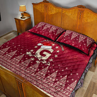 Red quilt bed set with Merry Christmas text, Santa riding reindeer, quilted stars; 2 pillowcases