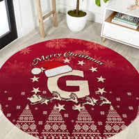 Red round Christmas rug with Merry Christmas text, Santa riding reindeer and stars