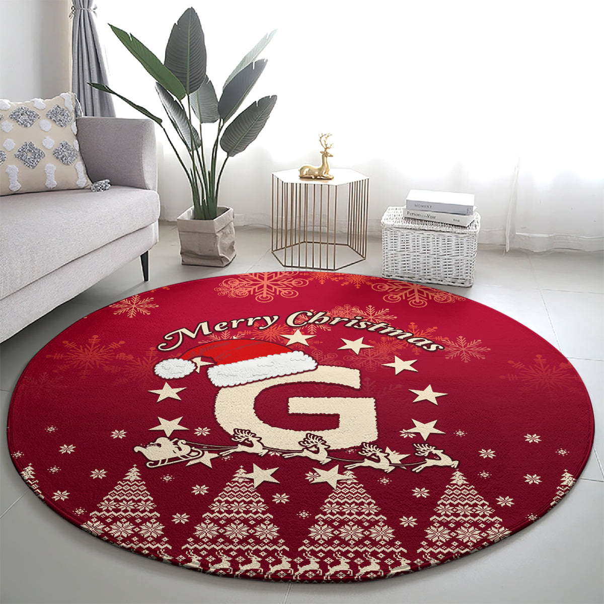 Red round Christmas rug with Merry Christmas lettering, Santa riding reindeer, patterned border