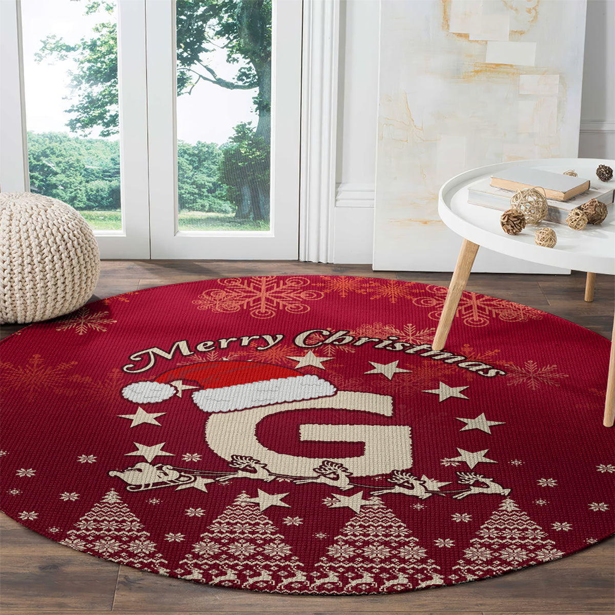 Red round Christmas rug with Merry Christmas and Santa reindeer motif, star accents