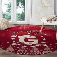 Red round Christmas rug with Merry Christmas and Santa reindeer motif, star accents