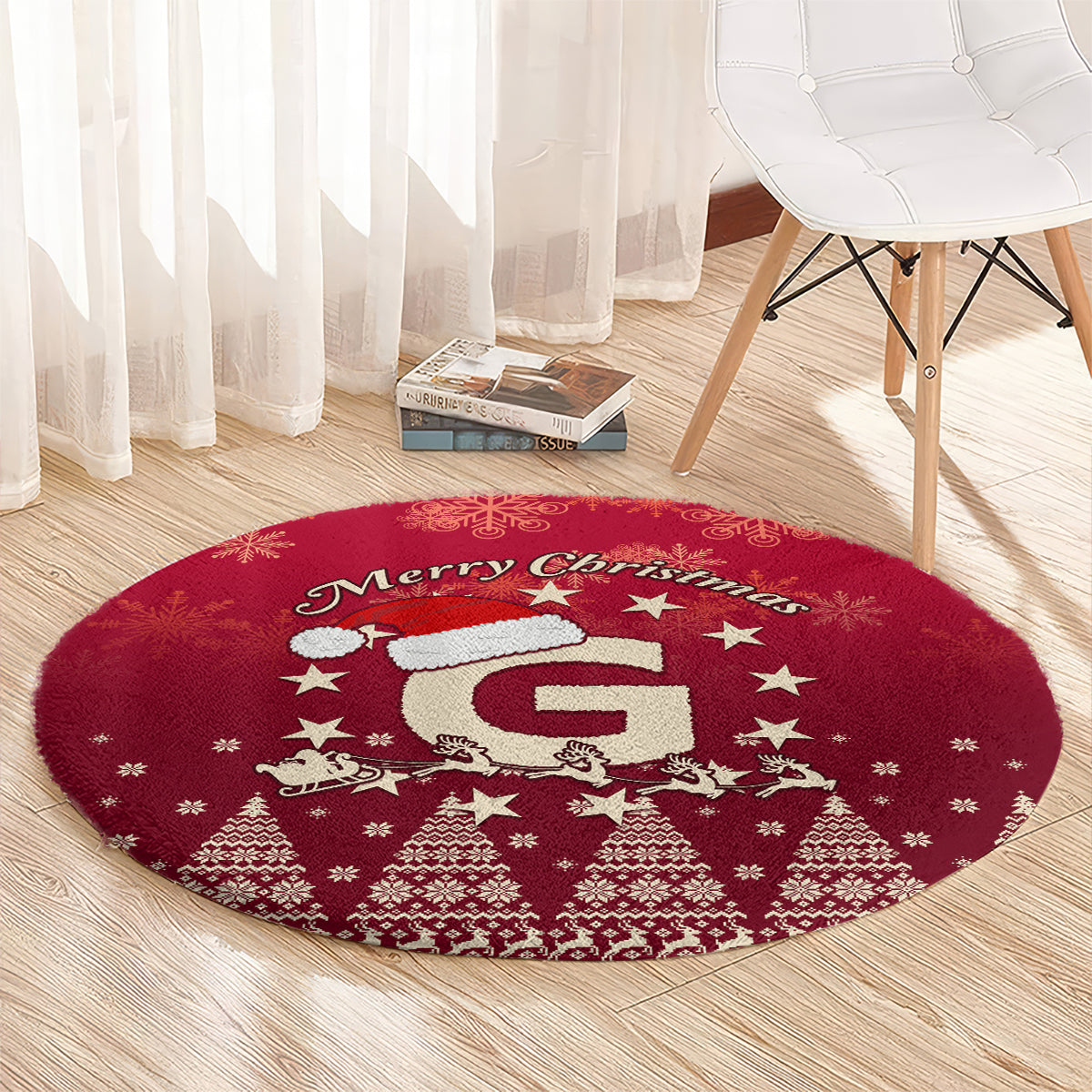 Red round Christmas rug with Merry Christmas text and Santa riding reindeer design, snowflake dots