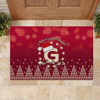 Red Christmas doormat with Santa riding reindeer, Merry Christmas headline and snowflakes